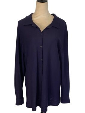 Eileen Fisher Navy Long-Sleeve Button-Front Shirt lightweight wool